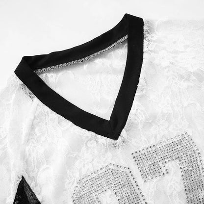 CUTENOVA 2025 Spring And Summer New Letters V Neck Rhinestone American Lace Color Collision Patchwork Top T-Shirt Streetwear