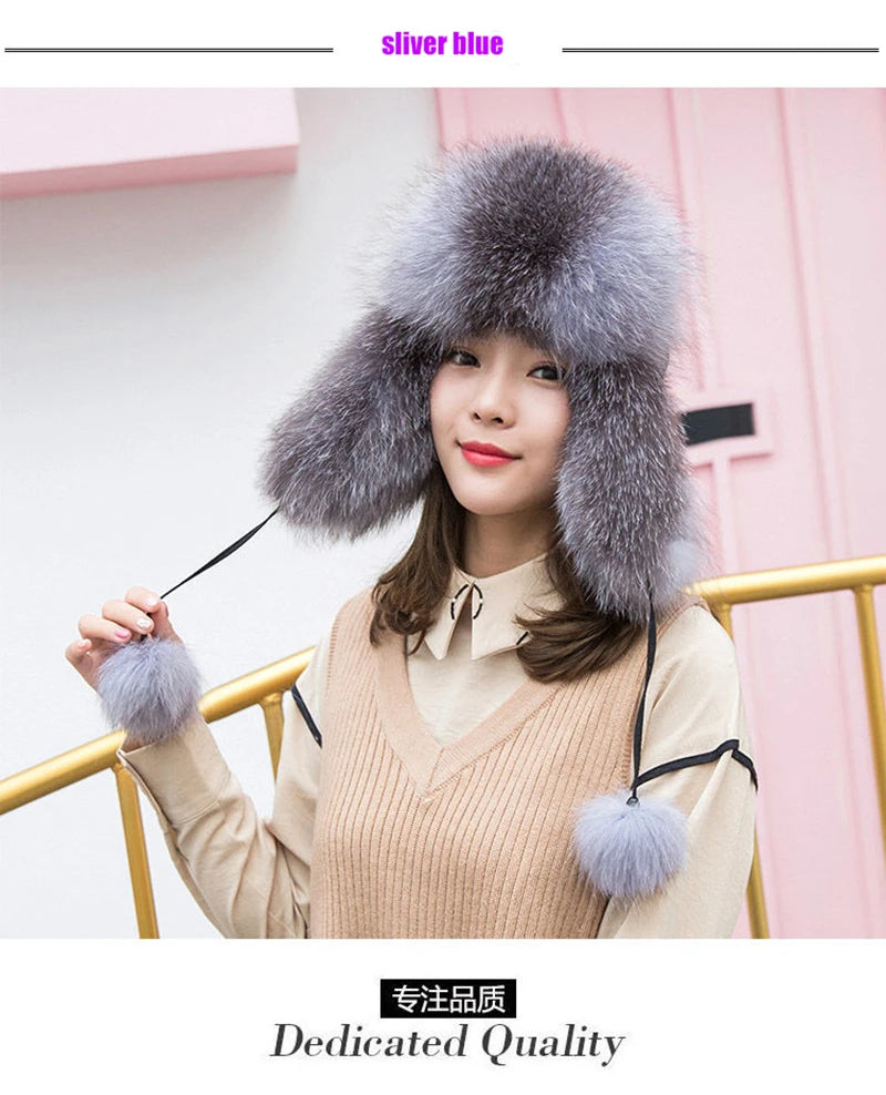 2025 100% Real Fox Fur Hats Women's Russian Ushanka Aviator Trapper Snow Skiing Hat Caps Earflap Winter Raccoon Fur Bomber Hat