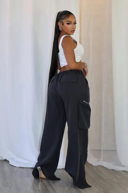 CM.YAYA Women Fashion Zipper Pocket Side Zip Fly Split Hem Wide Leg Safari Style Pants 2025 Drawstring Summer Cargo Trousers