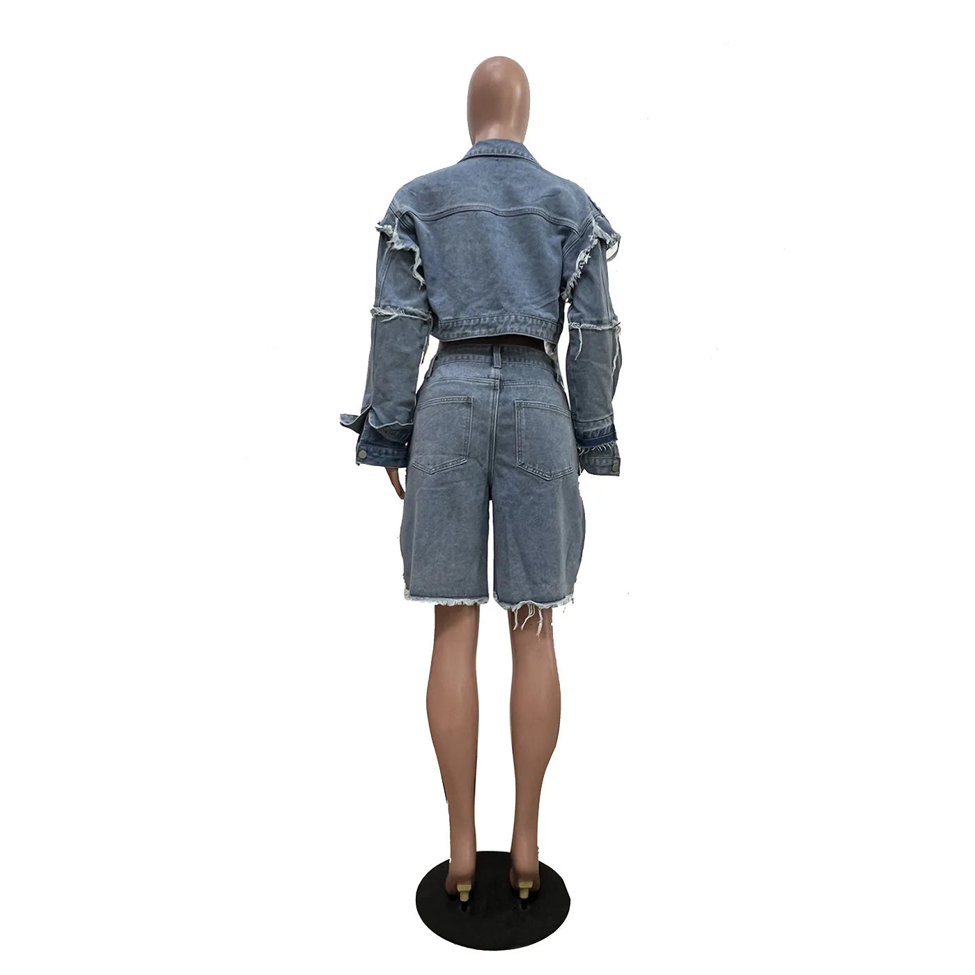 FAGADOER Summer New Fashion Denim 2 Piece Sets Woman Outfit Long Sleeves Patchwork Crop Jacket + Short Female Streetwear New