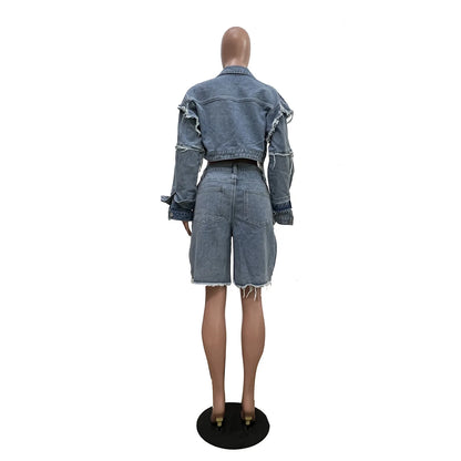 FAGADOER Summer New Fashion Denim 2 Piece Sets Woman Outfit Long Sleeves Patchwork Crop Jacket + Short Female Streetwear New