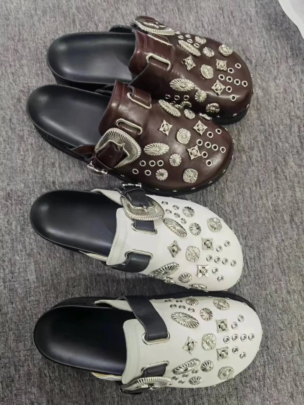 Stylish Woman White Brown Leather with Silver Rivets Slippers Buckle Decoration Comfortable Slip On Round Toe Female Mules Shoes