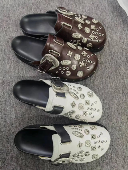 Stylish Woman White Brown Leather with Silver Rivets Slippers Buckle Decoration Comfortable Slip On Round Toe Female Mules Shoes