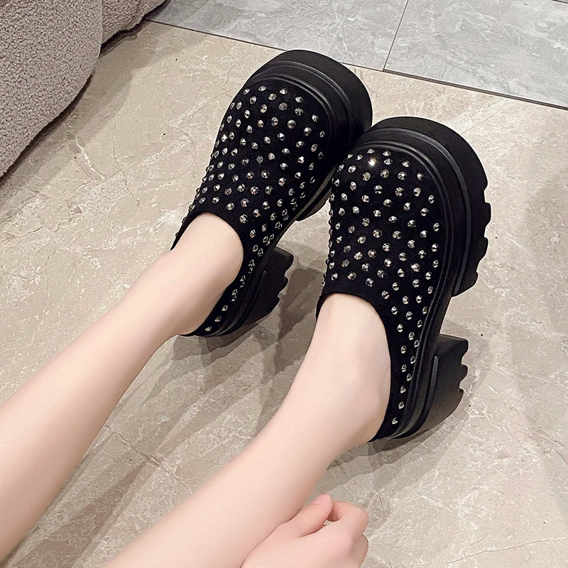 10CM New Rivet Platform Women Slippers Fashion Chunky High Heeled Sandals Comfort Roma Style Round Toe Slide Mule Shoes Summer