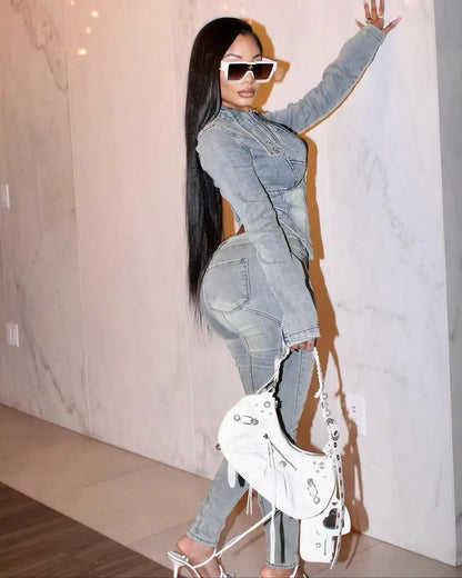 CM.YAYA Fashion Denim Women's Set Full Sleeve V-neck Jacket +Jeans Pants 2024 Fall Streetwear Two 2 Piece Sets Outfit Tracksuit