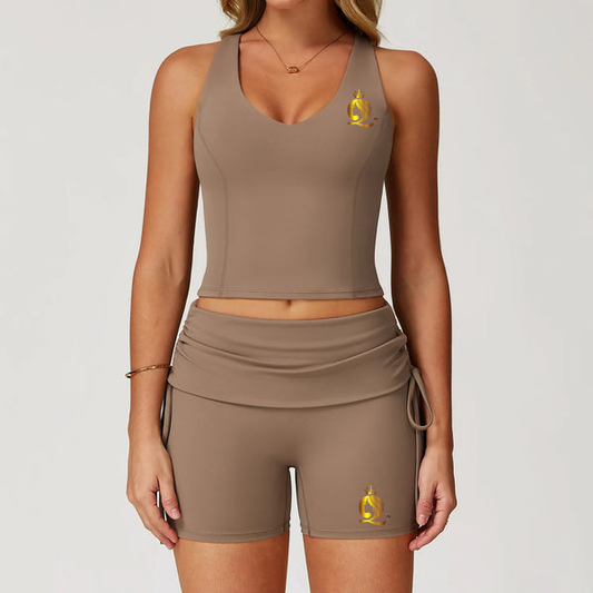 Custom LOGO nude yoga I-shaped beautiful back folded high waist shorts fitness clothes sports running two-piece set