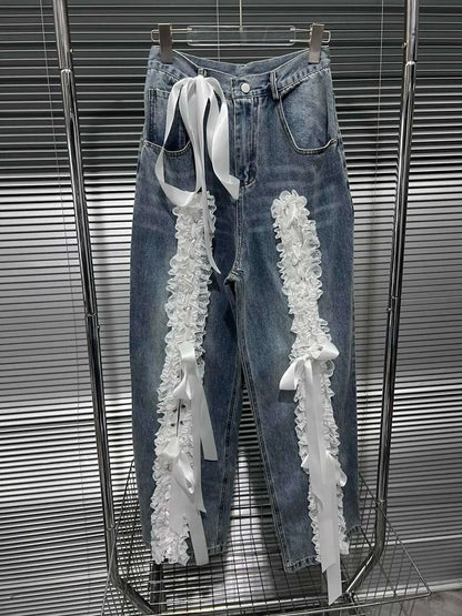 DEAT Women's Fashion Retro Lace Patchwork Denim Long Pants High Waist Wide Leg Jeans Female 2024 Arrival Winter New 11A02128