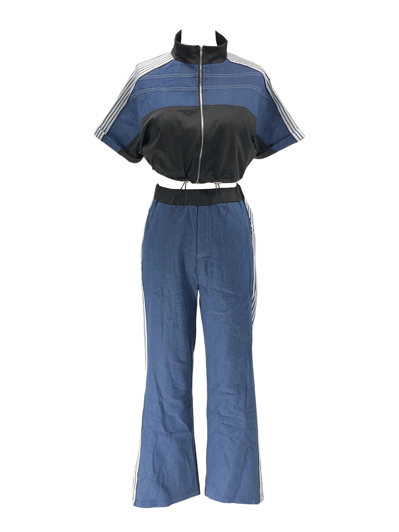 Pant Set Women Two Piece Sets Denim Matching Sets Jogger Tracksuit Matching Sets Zipper Tops Wide Leg Long Pants Elastic Waist