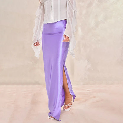 CUTENOVA Stain Long Solid Color Skirt Elegant High Waist Side Split Maxi Skirts Party Sexy Clothes for Women Autumn 2024