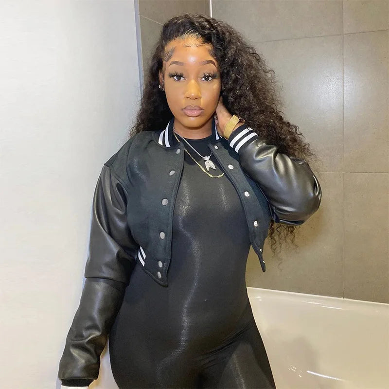 Women Crop Vintage Varsity Jacket Faux Leather Patchwork Long Sleeve Button Down Bomber Jackets Casual Baseball Jersey Jackets