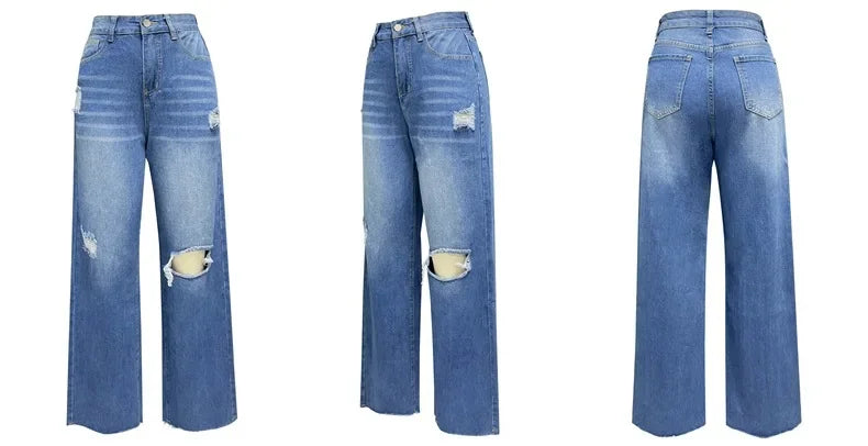 Women Jeans Ankle Length Holes Loose Flat Straight Pants Zipper Fly Pockets Solid Color High Street Slight Strech Denim