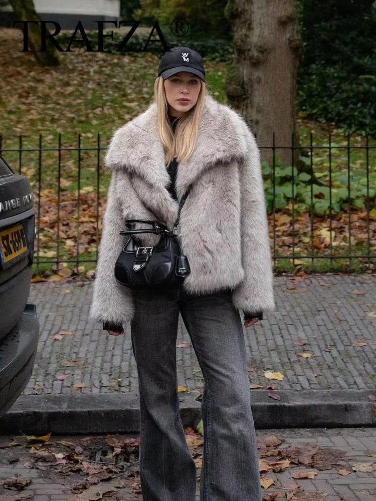 TRAFZA Female Vintage Artificial Fur Effect Coats Lapel Warm Plush Long Sleeves Hidden Buttons Autumn Winter Casual Outerwear