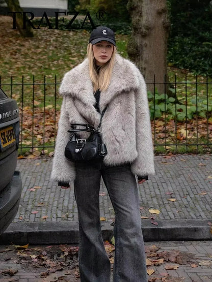 TRAFZA Female Vintage Artificial Fur Effect Coats Lapel Warm Plush Long Sleeves Hidden Buttons Autumn Winter Casual Outerwear