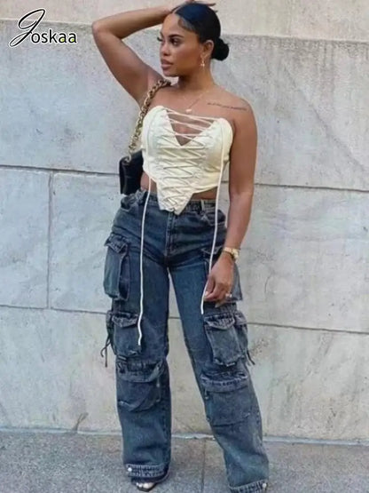 Joskaa Fashion Y2k Pockets Cargo Jeans Women Hipster High Waisted Straight Pants Fall 2023 Casual Denim Trousers Streetwear