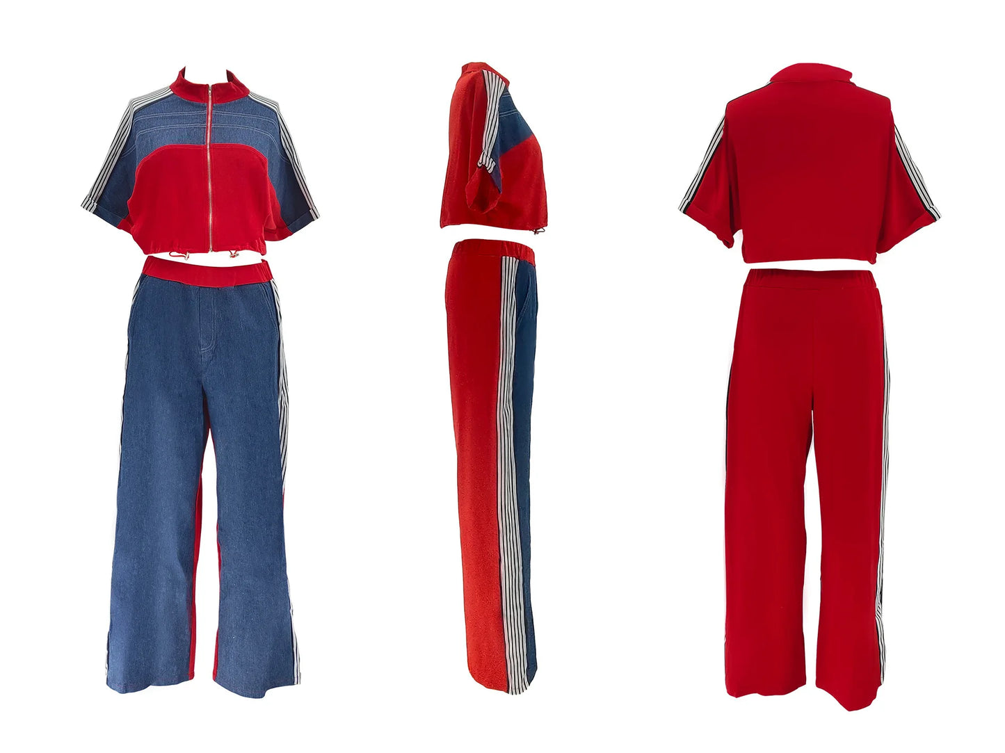 Pant Set Women Two Piece Sets Denim Matching Sets Jogger Tracksuit Matching Sets Zipper Tops Wide Leg Long Pants Elastic Waist