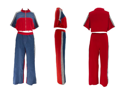 Pant Set Women Two Piece Sets Denim Matching Sets Jogger Tracksuit Matching Sets Zipper Tops Wide Leg Long Pants Elastic Waist