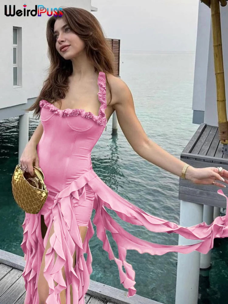 Weird Puss Chic Irregular Tassel Hem Dress Women Backless Halter Party Summer Sexy Birthday Party Split Midnight Club Bodycon