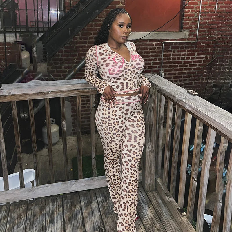 FAGADOER Sexy Leopard Print 2 Piece Sets Women Outfit Long Sleeve Zipper Hooded Crop Jacket + Flare Pants Suits Female Clothing