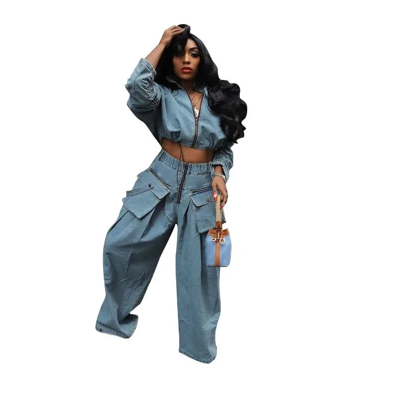 Casual Loose Denim Two Piece Set for Women Streetwear 2023 Autumn Zipper High Collar Crop Top Elastic Waist Wide Leg Cargo Pants