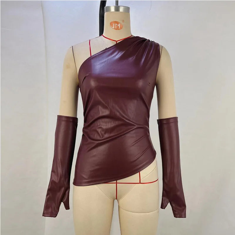Sexy Shoulder waist Women's tops Leather vest with sleeves irregular hem vest women's clothing