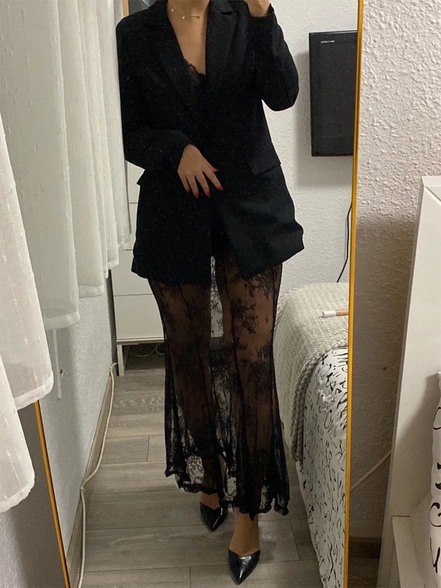 Women's Summer Sheer Lace Skirt Trendy Long Cocktail Skirt for Bar, Beach, Party