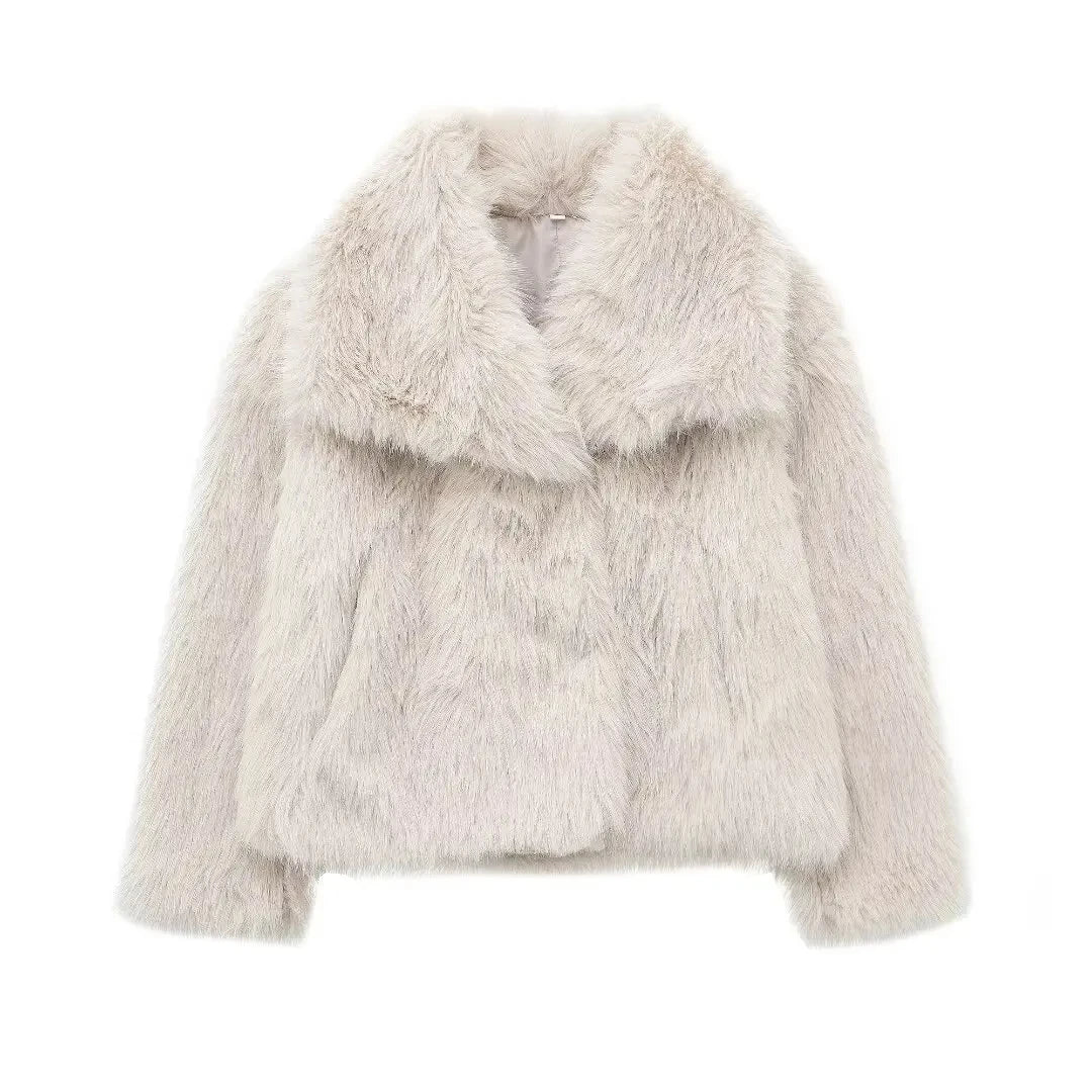 TRAFZA Female Vintage Artificial Fur Effect Coats Lapel Warm Plush Long Sleeves Hidden Buttons Autumn Winter Casual Outerwear
