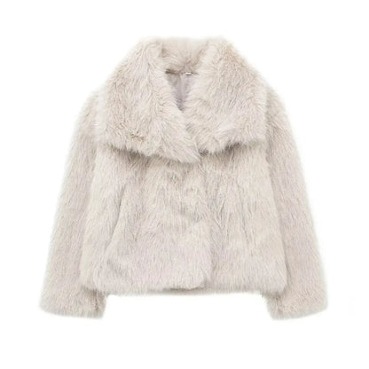 TRAFZA Female Vintage Artificial Fur Effect Coats Lapel Warm Plush Long Sleeves Hidden Buttons Autumn Winter Casual Outerwear