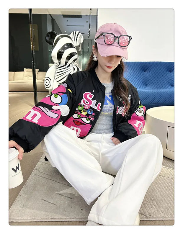 Cross-border Cartoon Embroidery Baseball Jacket For Men Women Casual Loose Fit Hip Hop Top Spring Autumn Letter Couple Jacket