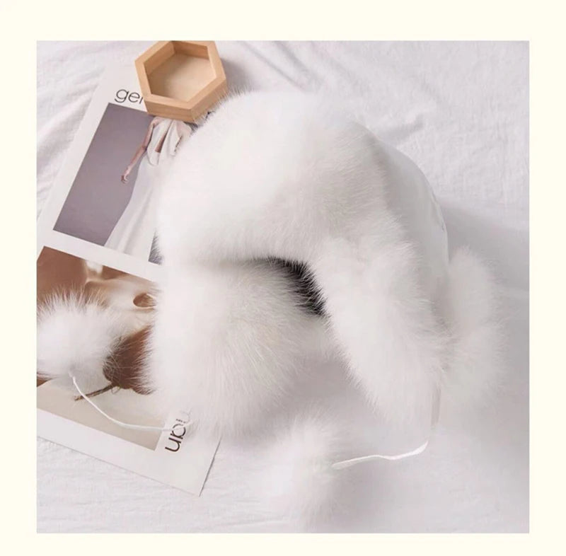 2025 100% Real Fox Fur Hats Women's Russian Ushanka Aviator Trapper Snow Skiing Hat Caps Earflap Winter Raccoon Fur Bomber Hat