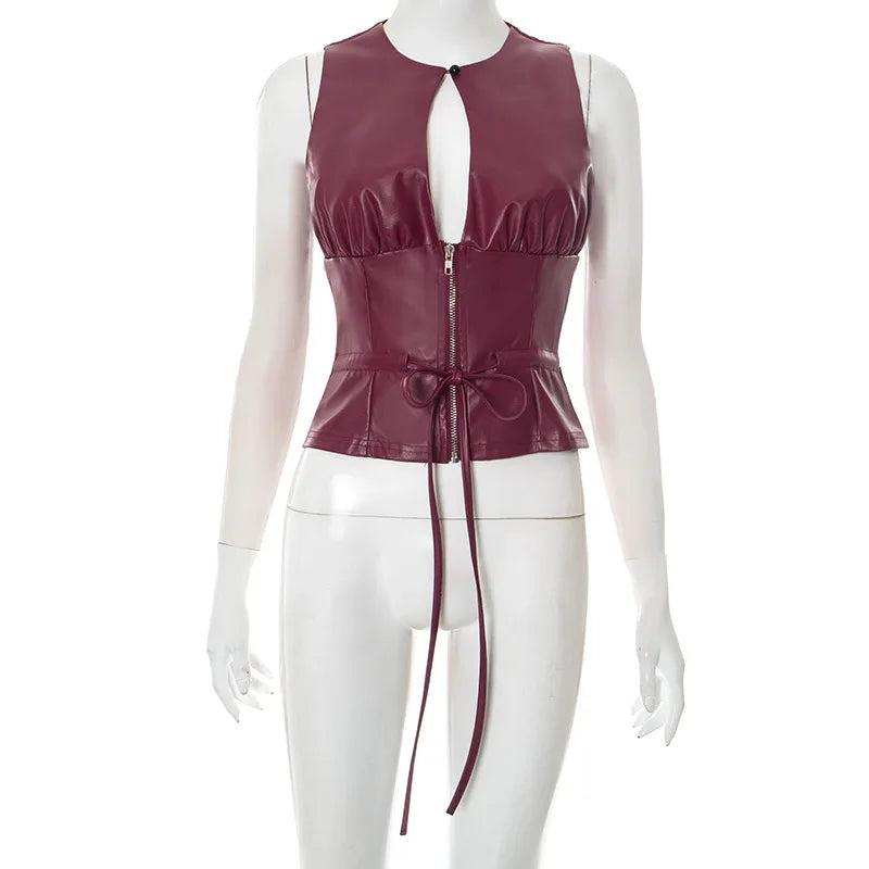 Joskaa 2025 Women's Pu Leather Tops Sexy Cutout Crew Neck Sleeveless Zip Front Tie Detail Tees Party Club Tshirts Y2K Streetwear