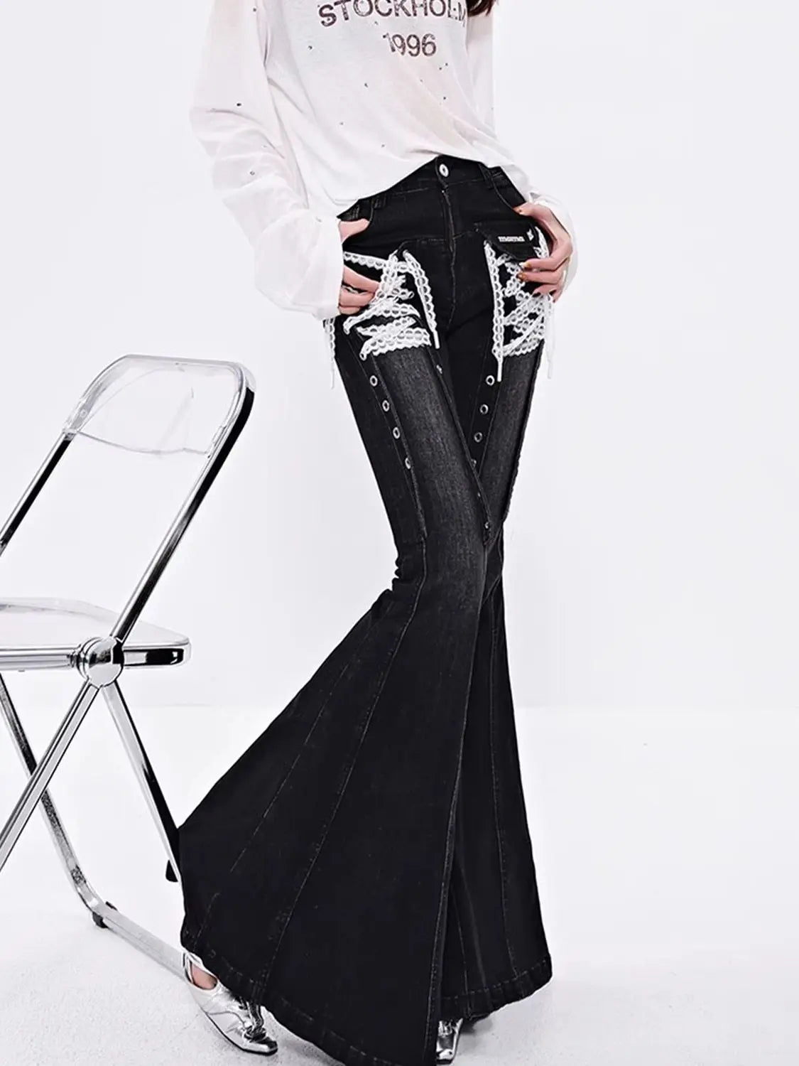 European White Y2k Lace Strap Micro Flared Jeans for Women Hot Girls Street Low Waist Slim Fit and Slimming Floor Length Pants