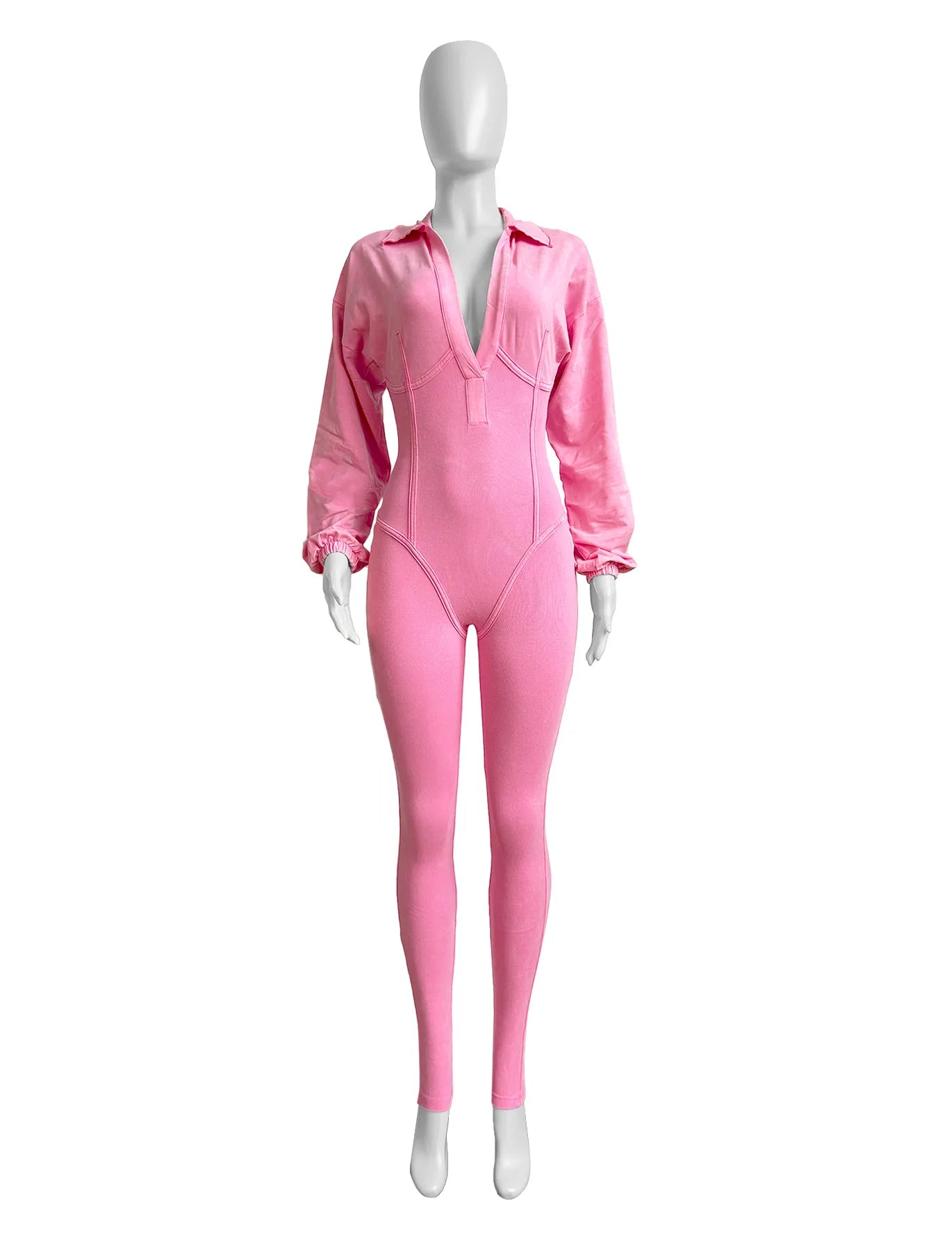 Women's Clothing 2025 Spring Summer New Fashion Bubble Sleeves Sexy Deep V Tight Waist Casual Long Sleeved Jumpsuit Pants