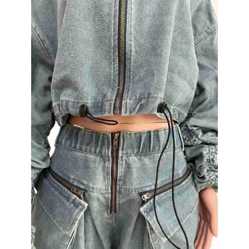 Casual Loose Denim Two Piece Set for Women Streetwear 2023 Autumn Zipper High Collar Crop Top Elastic Waist Wide Leg Cargo Pants