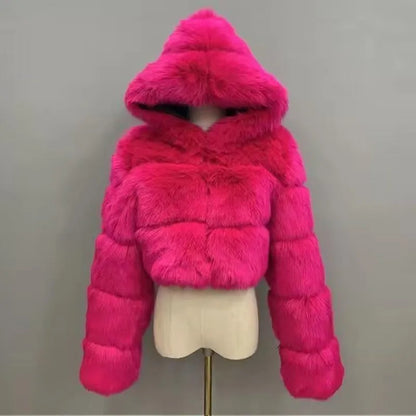S-6XL Women Coat Autumn Winter Short Hooded Faux Fox Fur Coat Thick Warm Outerwear Fake Fur Woman Jackets Ladies Furry Coats