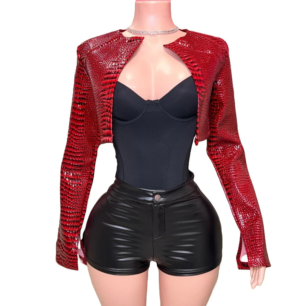 HLJ&GG Fashion Y2K Hot Girl Streetwear Women Leather Long Sleeve Crop Jacket+Bodysuits+Button Shorts 3 Piece Sets Outfits 2025