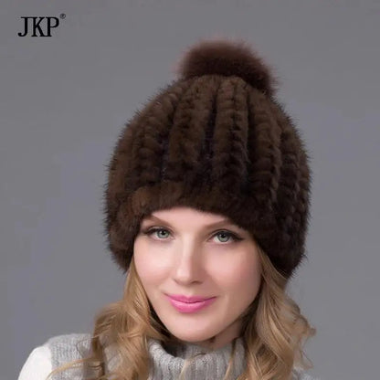 2024 New Genuine Mink Fur Hat Fashion Winter Warm Ball Caps With Copious Female Beanie Knit Cap and Liner 6 Colors BZ-11