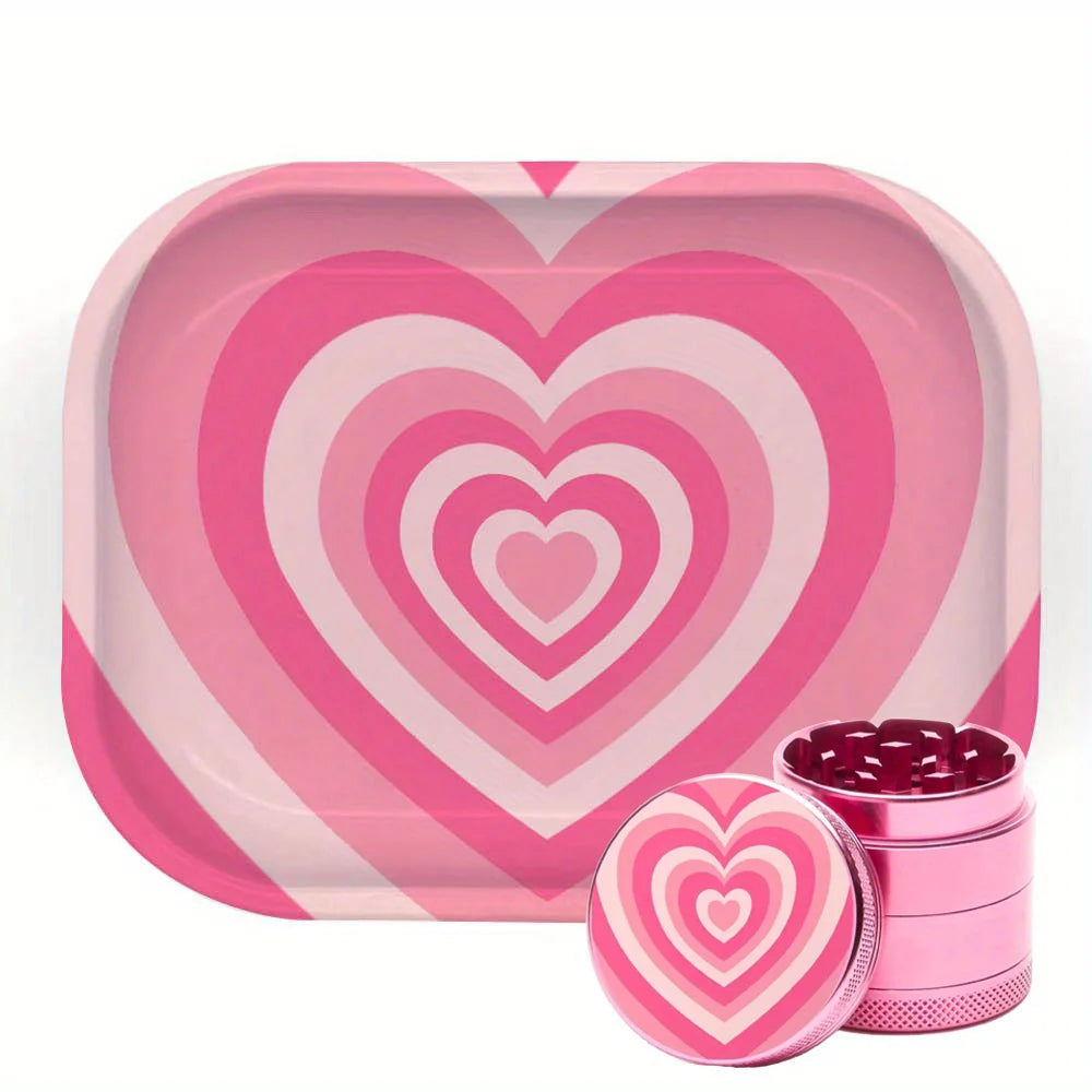 2 Pieces LOVE Heart Herb Grinder Roling Tray Combo Girly PINK Tobacco Kits