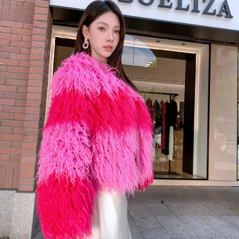Faux Fur Coats Women Lamb Wool Short Coat Y2k Streetwear Thick Warm Y2k Streetwear Elegant Pink Jackets Open Stitch Jacket