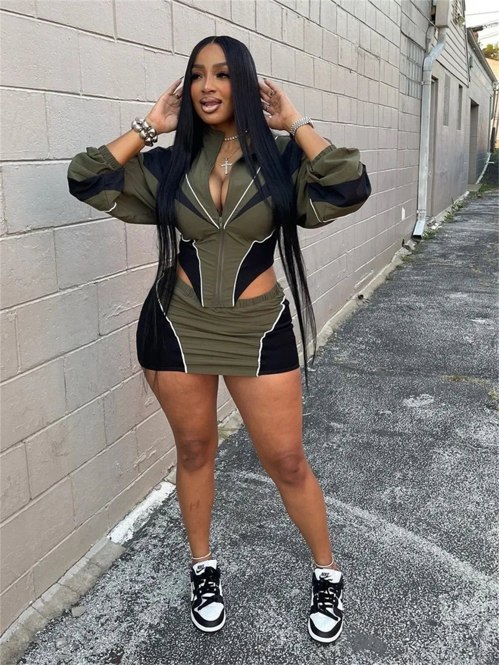 FLARORA Fashion Patchwork 2Pcs Sets Woman Long Sleeve Zipper Irregular Crop Jacket And Skinny Mini Skirts Streetwear Outfits New