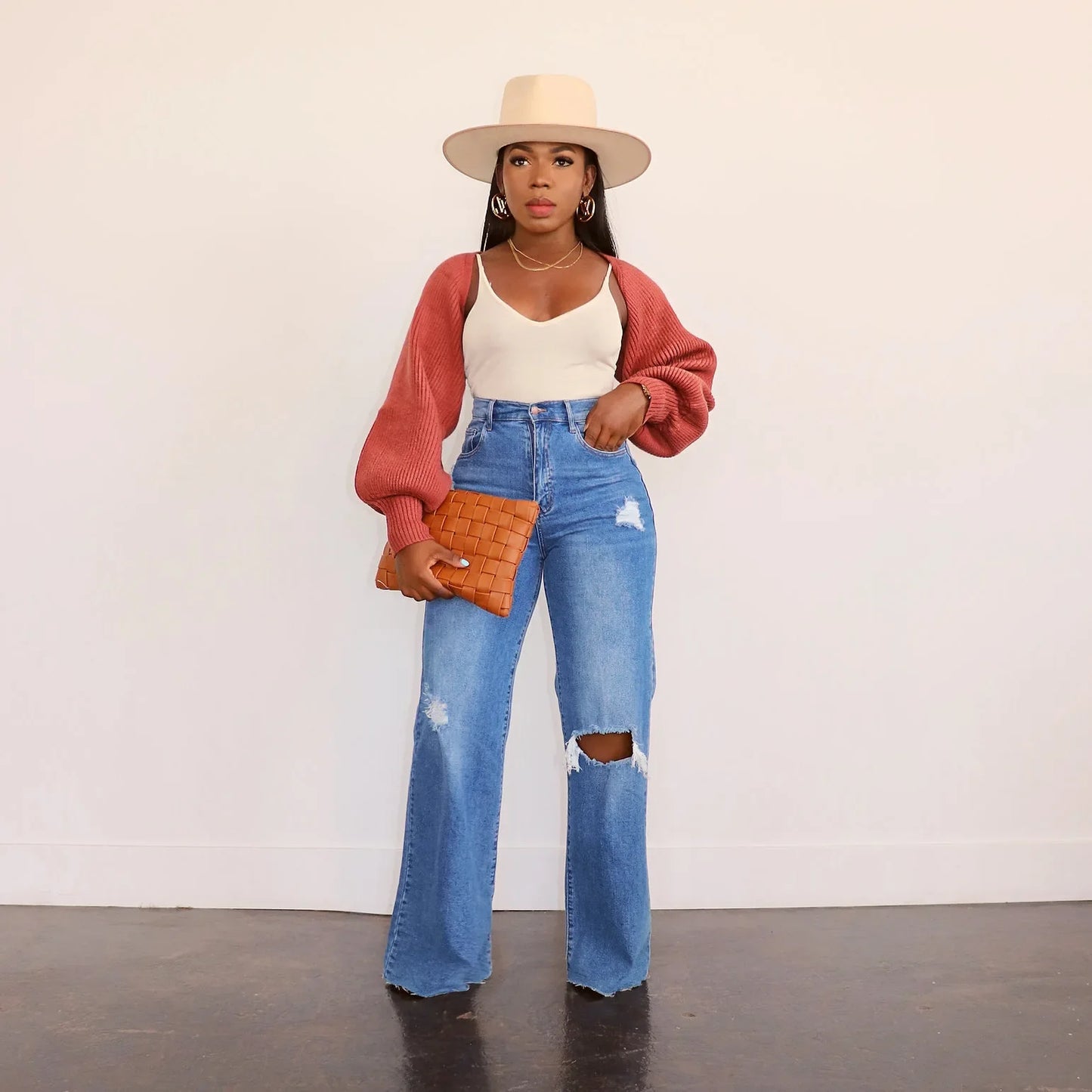 Women Jeans Ankle Length Holes Loose Flat Straight Pants Zipper Fly Pockets Solid Color High Street Slight Strech Denim