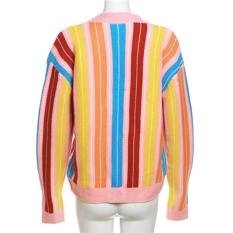 Whatiwear Colorful Striped Sweater Woman Y2K Trend Single-Breasted Long Sleeve Street Hipster Wild Loose Classic Cardigan Coats