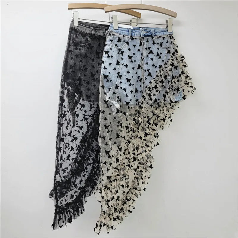 American Fashion Irregular Mesh Embroidery Butterfly Skirt Splicing Denim Elastic A Line Short Skirt Women Clothing 2025 New