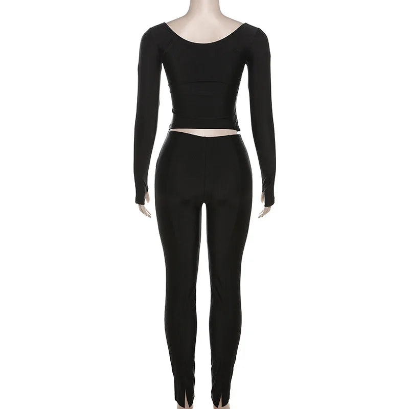 Simenual Casual Skinny Women Two Piece Set Sexy Deep V Crop Tops High Waist Pants Cyber Y2K Outfits Slim Co Ord Suits Streetwear