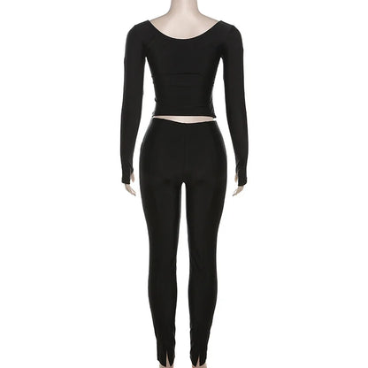 Simenual Casual Skinny Women Two Piece Set Sexy Deep V Crop Tops High Waist Pants Cyber Y2K Outfits Slim Co Ord Suits Streetwear