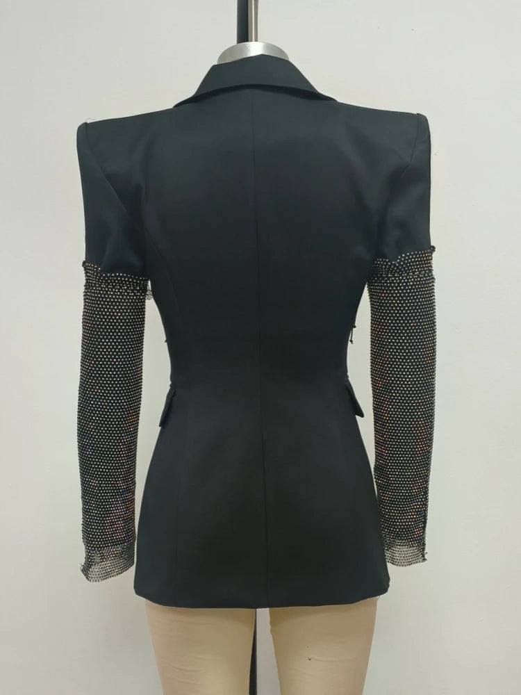 Sexy V Neck Long Sleeve Blazer With Rhinestone Sleeve Women Black Diamond Patchwork Slim Jacket Evening Party Club Cocktail Coat