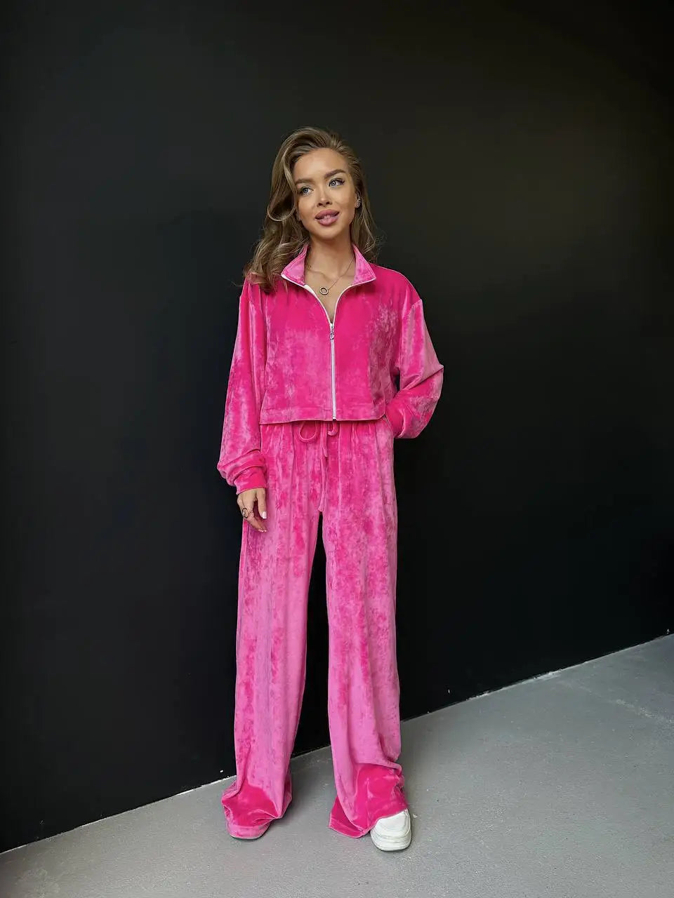 Autumn And Winter Long-sleeved Zipper Lapel Jacket Elastic Waist Wideleg Trousers Velvet Casual Two-Piece Suit For Office Ladies