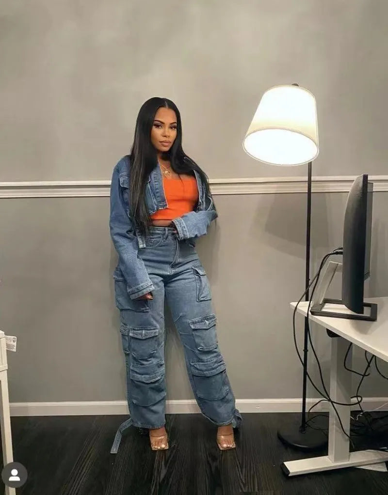 Joskaa Fashion Y2k Pockets Cargo Jeans Women Hipster High Waisted Straight Pants Fall 2023 Casual Denim Trousers Streetwear