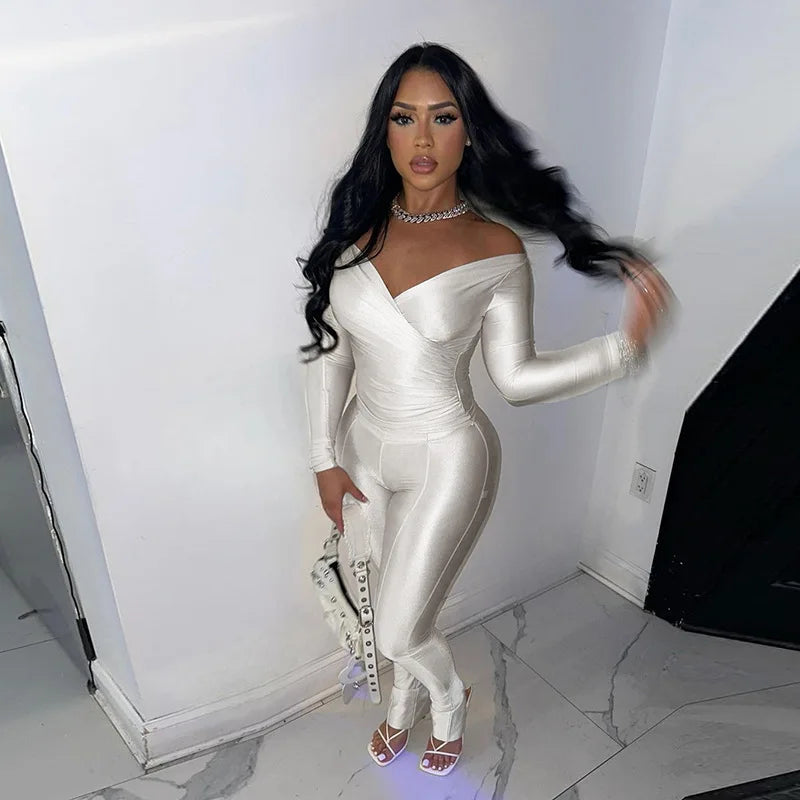 Simenual Casual Skinny Women Two Piece Set Sexy Deep V Crop Tops High Waist Pants Cyber Y2K Outfits Slim Co Ord Suits Streetwear
