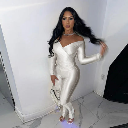 Simenual Casual Skinny Women Two Piece Set Sexy Deep V Crop Tops High Waist Pants Cyber Y2K Outfits Slim Co Ord Suits Streetwear