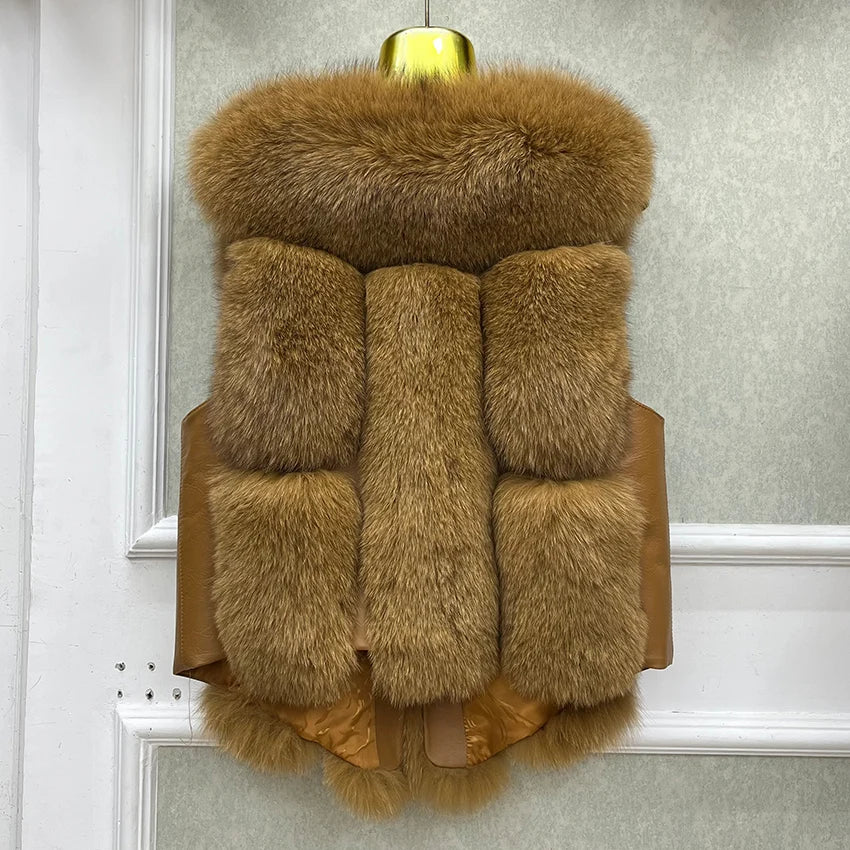 2024 New Autumn Winter Warm Women's Coat Natural Real Fox Fur Vest Thick Mid Length Waistcoat Luxury Female Jacket Streetwear